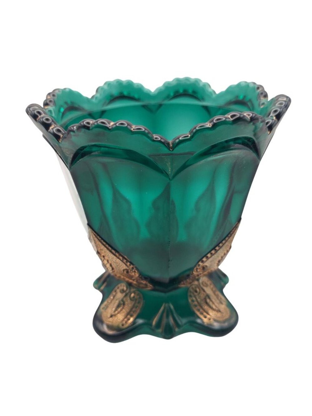 Glass Spooner Candy Dish Teal Green w/ Gold Leaf Scroll Scalloped Footed Vintage